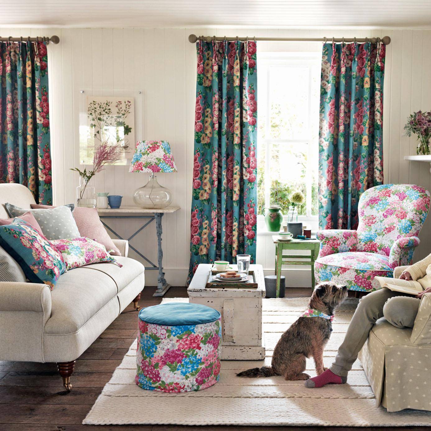 Sanderson Hollyhocks Petrol Blue/Multi