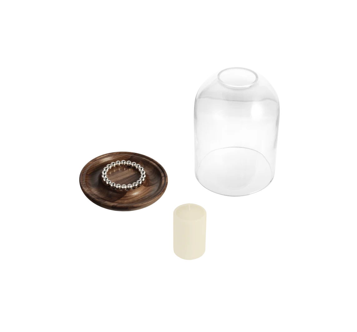 Christofle Perles Windlicht Walnuss/Glas/versilbert